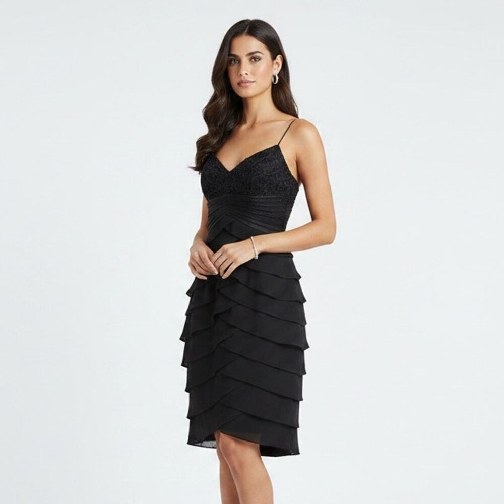 CACHE Vintage Silk-Look Ruffle Cocktail Dress Size 8 Black High-Low Evening